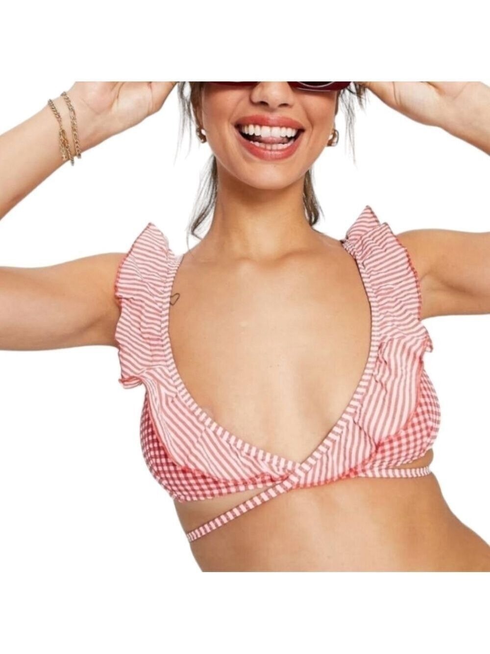 Aerie Scoop Wrap ruffle bikini top in Red gingham